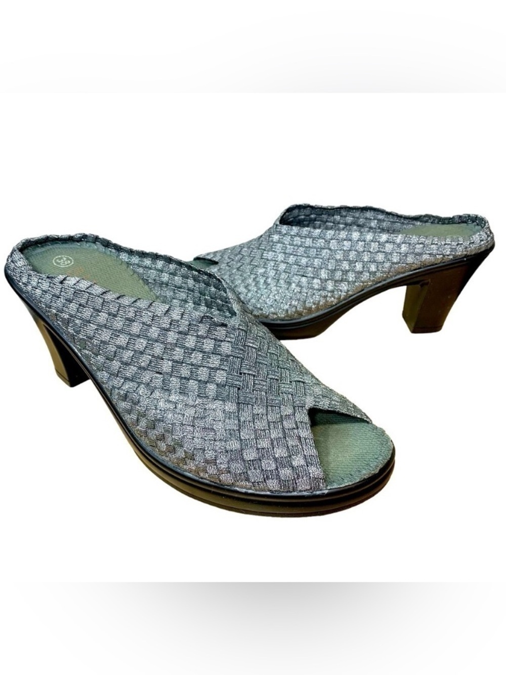 Bernie Mev Stella Heel Mule Peep Toe Sandals Sz 38 Silver Metallic Stretch Shoes